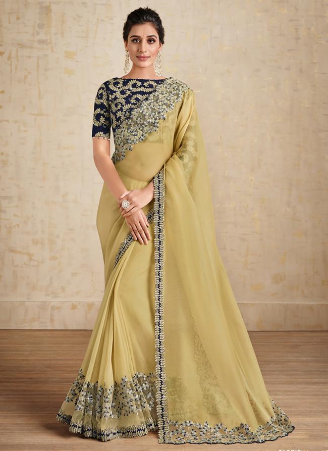 Net Organza Pastel Yellow Party Wear Embroidery Work Saree